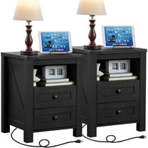 Night Stands with Charging Station Set of 2, Farmhouse Nightstand, Wooden Bedside End Tables with 2 Drawers and Open Shelf, Bed Side Table for Bedroom, Living Room, Closet, Office (Black)
