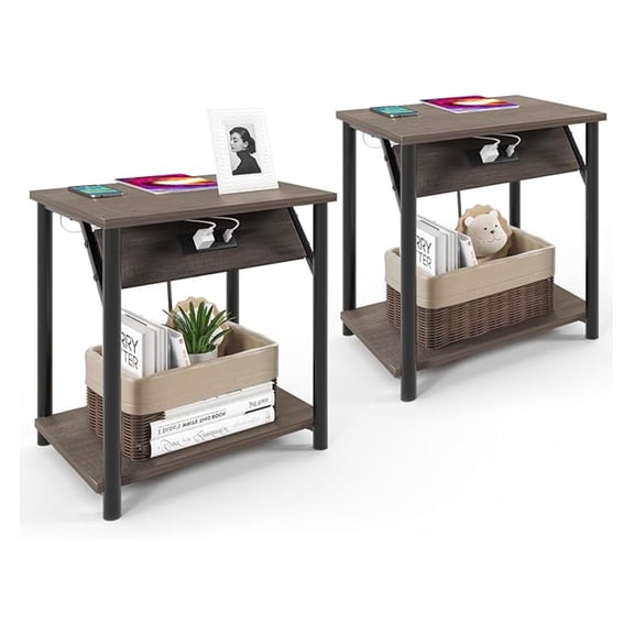 Night Stands Set of 2, Small End Tables with Charging Station, Small Side Tables for Living Room, Bedside Tables with 2-Tier Storage Shelf, Nightstand with Outlets and USB Ports, Rustic Grey/Black