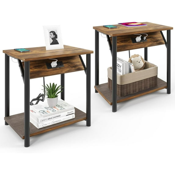 Night Stands Set of 2, Small End Tables with Charging Station, Small Side Tables for Living Room, Bedside Tables with 2-Tier Storage Shelf, Nightstand with Outlets and USB Ports, Rustic Brown/Black