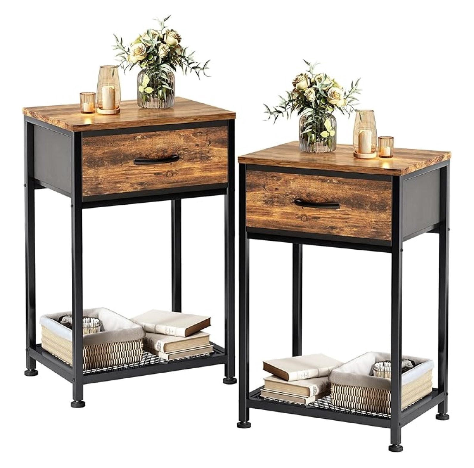Night Stands Set of 2, Bedroom End Tables with Drawer - Rustic Brown ...