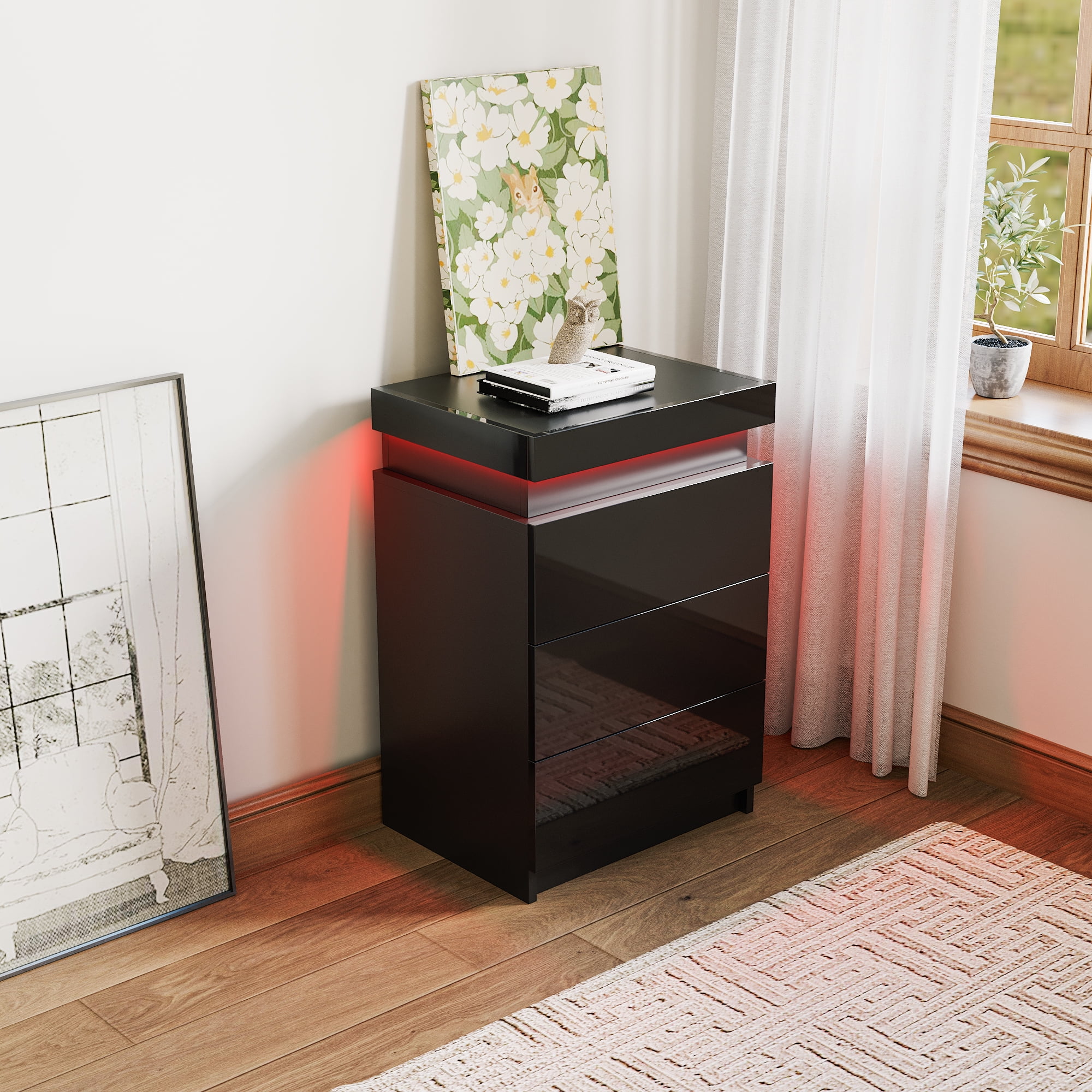 Night Stands with LED Lights and High Gloss UV Drawers, Modern Bedside Table with 3 Drawers