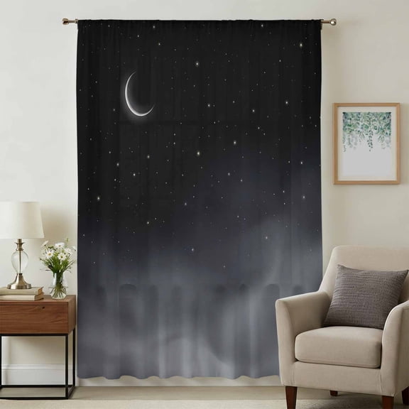 Night Stars Moon Sheer Curtains 84 Inches Long for Living Room, Modern Abstract Art Cloud Fog Light Filtering Privacy Drapes, Breathable Semi Sheer Window Treatment for Bedroom Dining Room