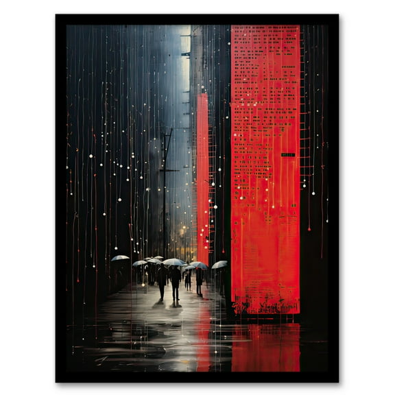 Night Street Rain Abstract Painting Red and Grey Artwork Framed Wall Art Print A4