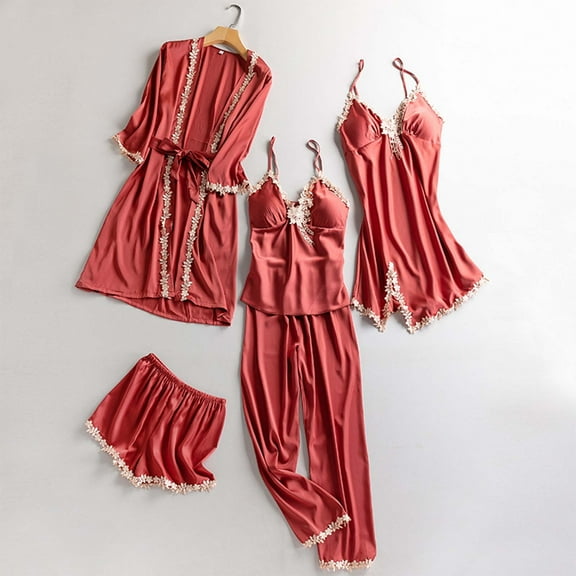 Night Suit for Women Night Suits Women Pajama Set Women Pajama Women's Five Piece Set with Breast Pads Love Rrint Ice Silk Nightgown Nightdress Home Clothes Pajama Set