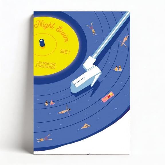 "Night Swim" Vinyl Pool Canvas Wall Art, Retro Music & Summer Framed Decor, Whimsical Record Illustration Artwork for Bedroom Living Room, Music Lover & Beach House Decor Ready to Hang 12"x18"