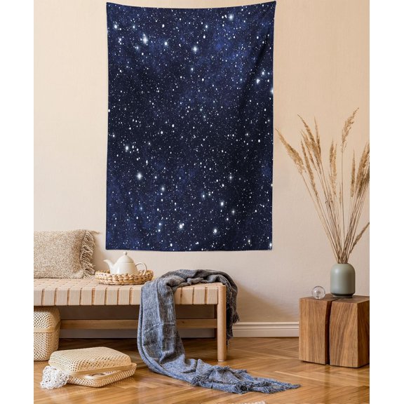 Night Tapestry, Composition Dots Sky Theme Abstract Style Arrangement Cosmos Concept Print, Wall Hanging for Bedroom Living Room Dorm Decor, 40" X 60", Dark Blue