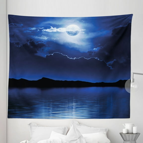 Night Tapestry, Fantasy Moon and Clouds over Calm Water Seascape Dramatic Cloudy Dark Sky, Fabric Wall Hanging Decor for Bedroom Living Room Dorm, 5 Sizes, Navy Blue White Black, by Ambesonne