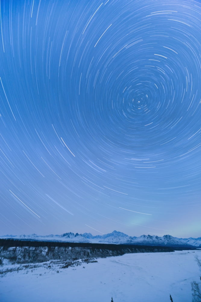 Night Time View Of Star Trails Over Mt Mckinley With Northern Lights In The Background Denali State Park Southcentral Alaska Winter Canvas Art - Kevin Smith Design Pics (12 x 19)