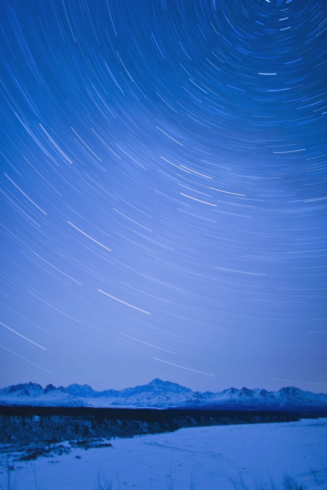 Night Time View Of Star Trails Over Mt Mckinley With Northern Lights In The Background Denali State Park Southcentral Alaska Winter Canvas Art - Kevin Smith Design Pics (12 x 19)
