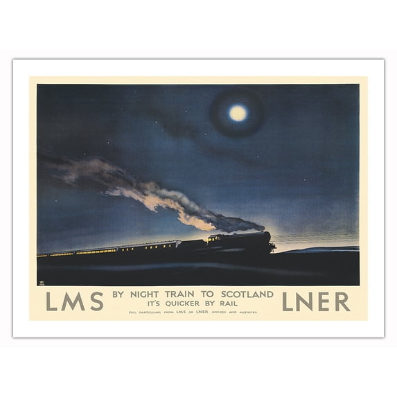 Night Train to Scotland - LMS-LNER London & North Eastern Railway - Vintage Railroad Travel Poster by Phillip Zec c.1932 - Bamboo Fine Art 290gsm Paper Print (Unframed) 24x32in