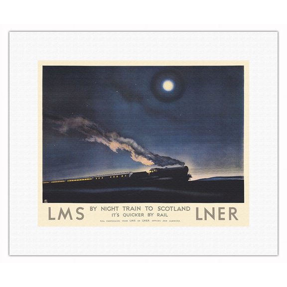 Night Train to Scotland - LMS-LNER London & North Eastern Railway - Vintage Railroad Travel Poster by Phillip Zec c.1932 - Fine Art Rolled Canvas Print 11in x 14in