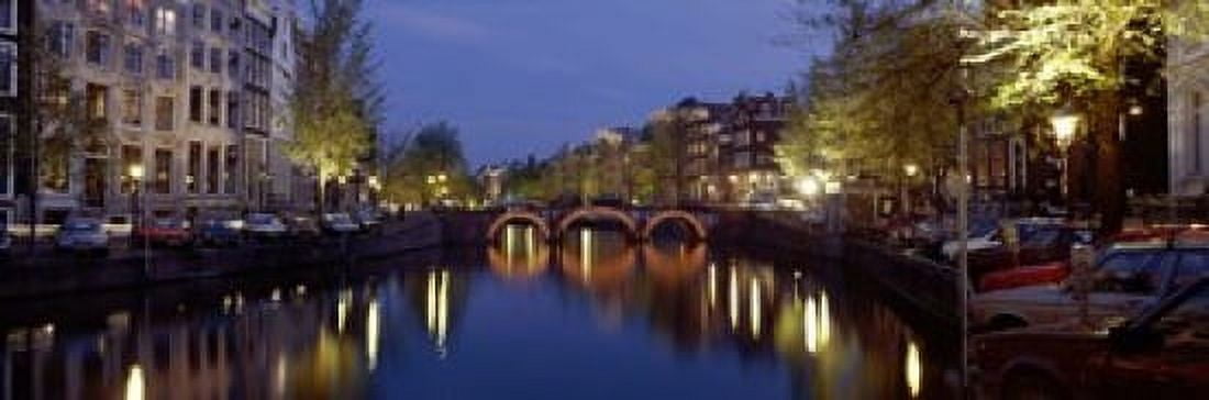 Night View Along Canal Amsterdam The Netherlands Canvas Art - Panoramic Images (18 x 6)