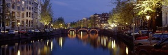 Night View Along Canal Amsterdam The Netherlands Canvas Art - Panoramic Images (36 x 12)