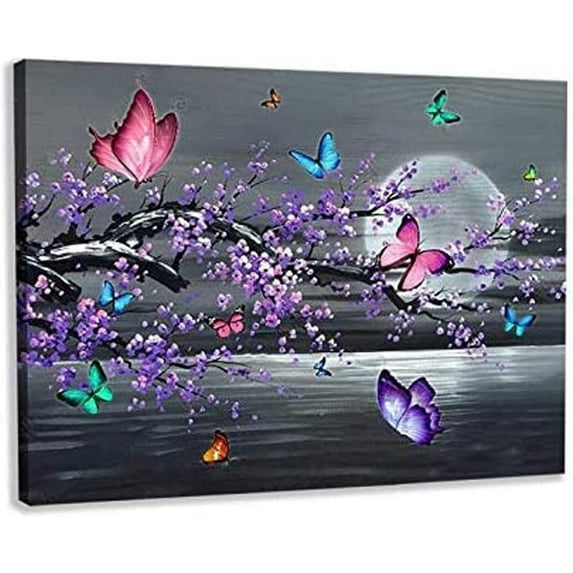 Night View Canvas Wall Art Purple Flower and Butterflies Art Prints for Living Room Bedroom Wall Decor Floral Poster Framed Picture Modern Artwork Painting Rustic Home Decoration 12"x16"