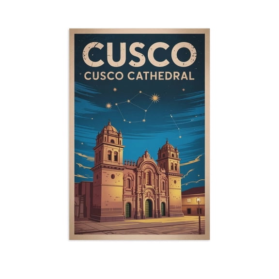 Night View Wall Art Cusco Cathedral Peru Retro Travel Poster Starlit Sky Historic Plaza Canvas Poster