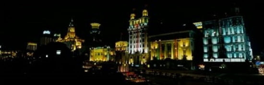 Night View of Colonial Buildings Along the Bund Shanghai China Canvas Art - Keren Su DanitaDelimont (36 x 12)