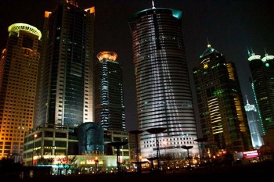 Night View of Highrises Shanghai China Canvas Art - Keren Su DanitaDelimont (35 x 24)