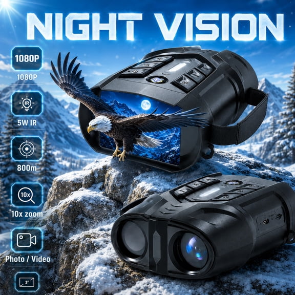 Night Vision Binoculars, 5W IR, 3" IPS Screen, 1080P & 10X Zoom, 800m Night Range, for Hunting Camping Security, Gift for Men