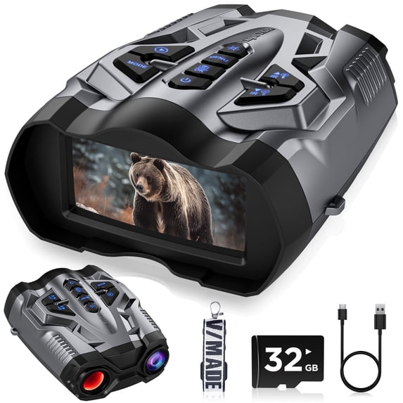 WARMTUYO Night Vision Binoculars, 9 Level Infrared Night Vision Goggles with HD Video and Photo Modes, 10x Zoom, 32GB Card, 3.5" HD Screen Binoculars for Adults - Gray