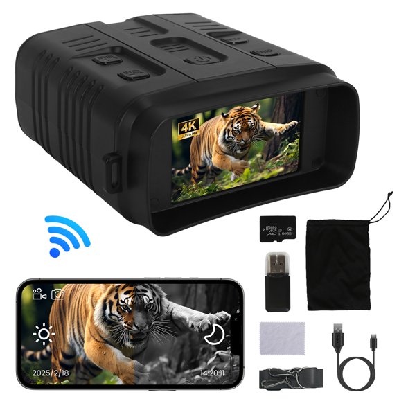 Night Vision Goggles 4K Full-Color Binoculars10XZoom with 2624ft Viewing Range 3'' Screen 64G MMC Card WIFI APP Control Save Photo and Video for C