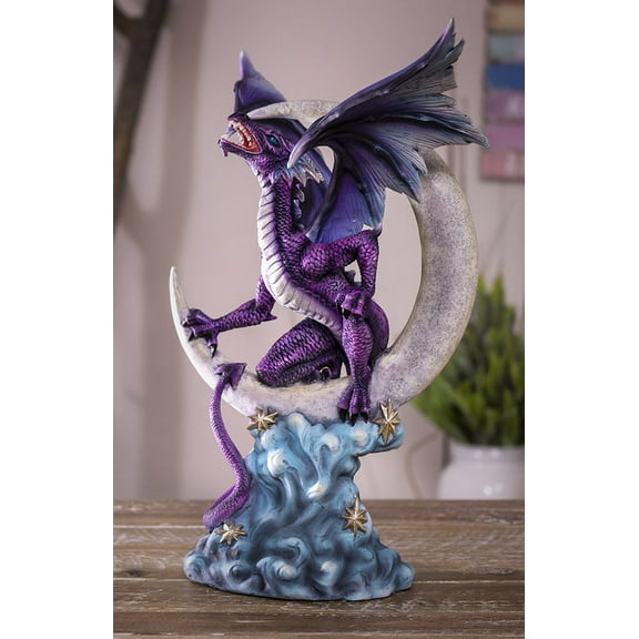 Night Voyager Purple Dragon Perching On Crescent Moon Stars And Clouds Figurine