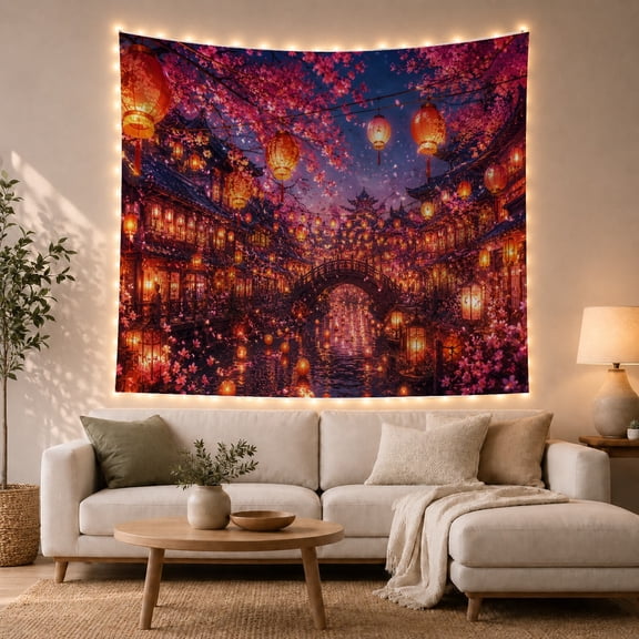 Night Water Town with Lanterns and Cherry Blossoms Mystical Illustration for Anime Fans Asian Inspired Wall Art Housewarming Gift Tapestry Wall Hanging for Bedroom and Living Room