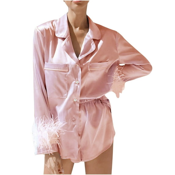 Night Wear Women Pajamas Set Women Sleep Wear for Womens Women's Solid Color Feather French Collar Shirt Shorts Pajama Set