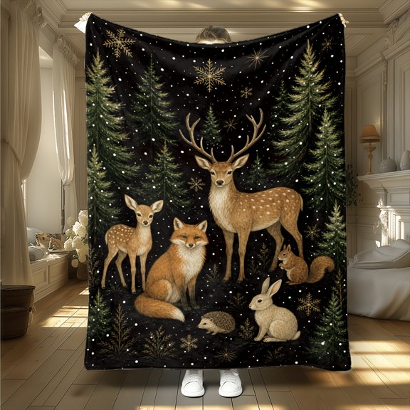 Night Wildlife Print Flannel Throw Blanket, Choose From 30 x 40, 40 x 50, 50 x 60, 60 x 80 Inches, Soft Cozy Blanket for Sofa