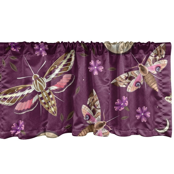 Night Window Valance, Digital Illustrated Butterfly Sketch Pattern With Moon and Floras Print, Curtain Valance for Kitchen Bedroom with Rod Pocket, 54" X 18", Dark Magenta Pale Peach, by Ambesonne