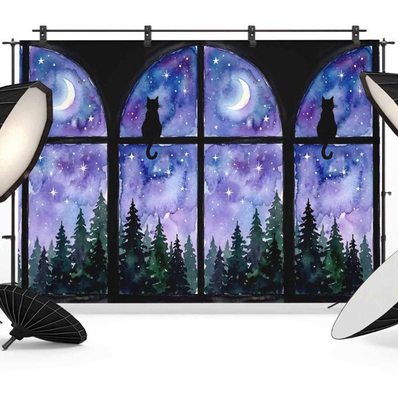 Night Window View Backdrops for Photography, Cat Moon Forest Starry Sky Fabric Photo Background Sturdy Studio Props for Photo Studio, Video Recording, Booth & Photoshoot 7x5ft