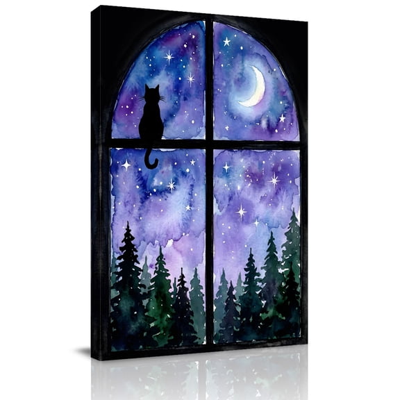 Night Window View Canvas Wall Art for Living Room, Cat Moon Forest Starry Sky Poster Print Painting for Bedroom Office Home Decoration Wall Pictures Prepare To Hang 10"x10"