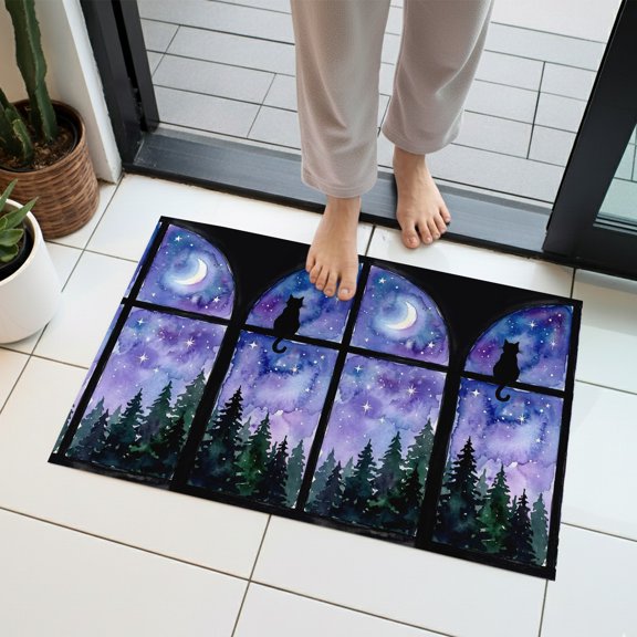 Night Window View Indoor Door Mat 16x24 Inch Cat Moon Forest Starry Sky Front Door Mat Non Slip Washable Entryway Rug Low Profile Dirt Trapper Doormat for Bathroom Kitchen Bedroom