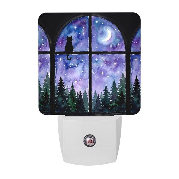 Night Window View Night Lights, Cat Moon Forest Starry Sky Smart Auto Dusk to Dawn Sensor Nightlights Plug-in Nightlight for Bedroom Bathroom Living Room Kitchen Hallway