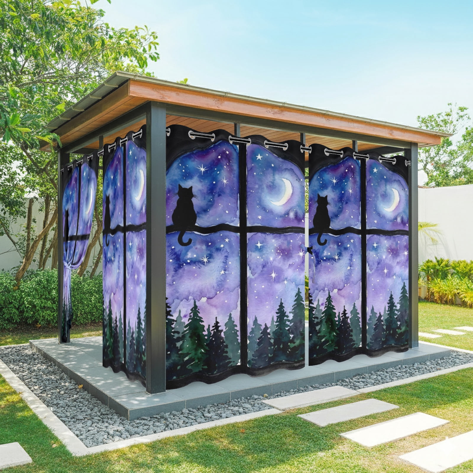 Night Window View Outdoor Curtains for Patio, Cat Moon Forest Starry Sky Sunshade Privacy Drapes Grommet Waterproof Outside Curtains for Porch/Cabana/Balcony 54"x 84", 1 Panel