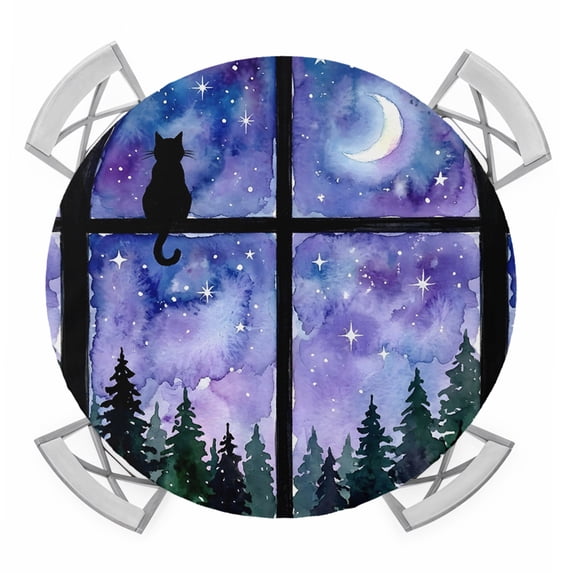 Night Window View Round Table Cover, Cat Moon Forest Starry Sky Waterproof Fitted Tablecloths for 55"-60" Tables, Washable Picnic Table Cover for Camping Dining Indoor Outdoor