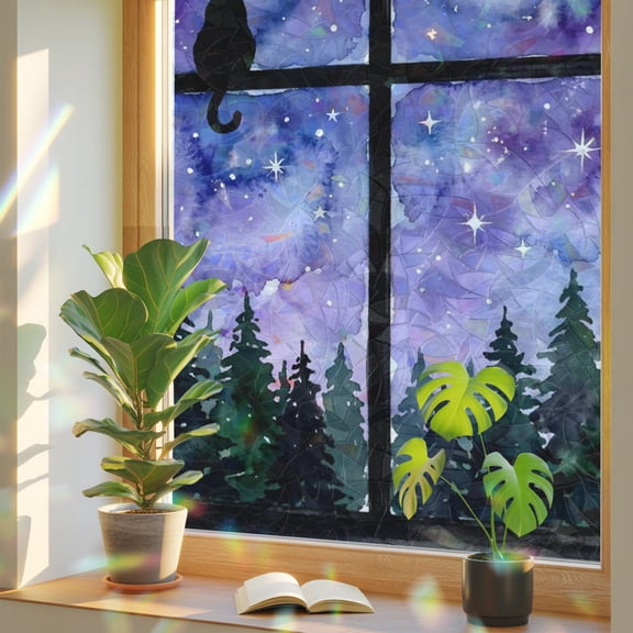 Night Window View Window Privacy Film, Cat Moon Forest Starry Sky Stained Glass Rainbow Film Decorative Window Clings, Static Cling Sun Blocking Stickers 17.7" x 39.3"
