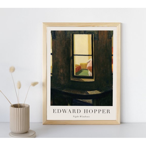 Night Windows Painting With Text By Edward Hopper Poster, American Fine Art Wall Art Print