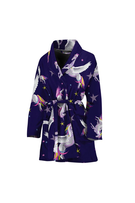 Night Winged Unicorn Pattern Women Bathrobe One Size Univeral Fits Fashion Lightweight Plush Fleece Long Robe For Women