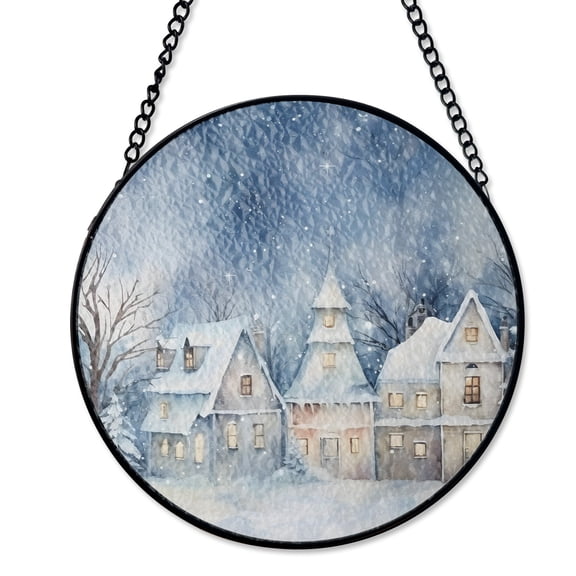 Night Winter Village Scene Suncatcher Stained Glass Winter Solstice Gift
