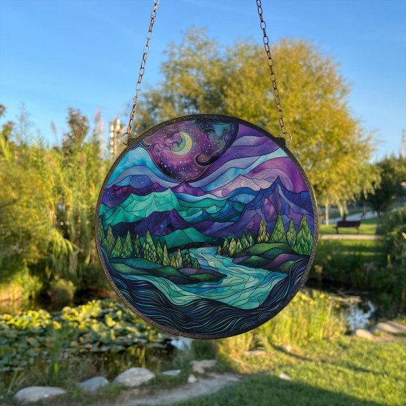 Night and Stars Glass Suncatcher, Purple Blue Celestial Window Art, Spiritual Decor, 7.9 in