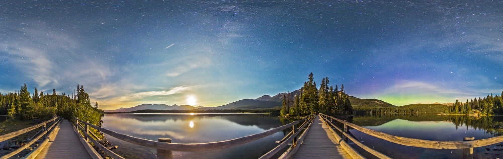 Night sky panorama of Pyramid Lake in Jasper National Park Canada Canvas Art - Alan DyerStocktrek Images (25 x 8)