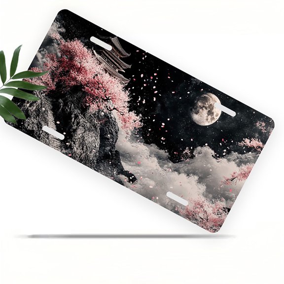 Night time Mountain Pagoda and Sakura Front License Plate, Metal License Plate, Funny Standard Plates Personalized Novelty Decorative For Men/Women/Boys/Girls Car 6×12 Inch