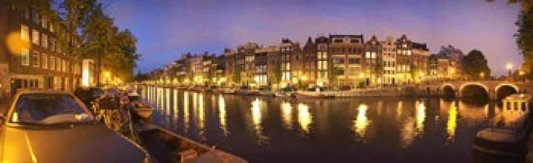 Night view along canal Amsterdam Netherlands Canvas Art - Panoramic Images (15 x 5)