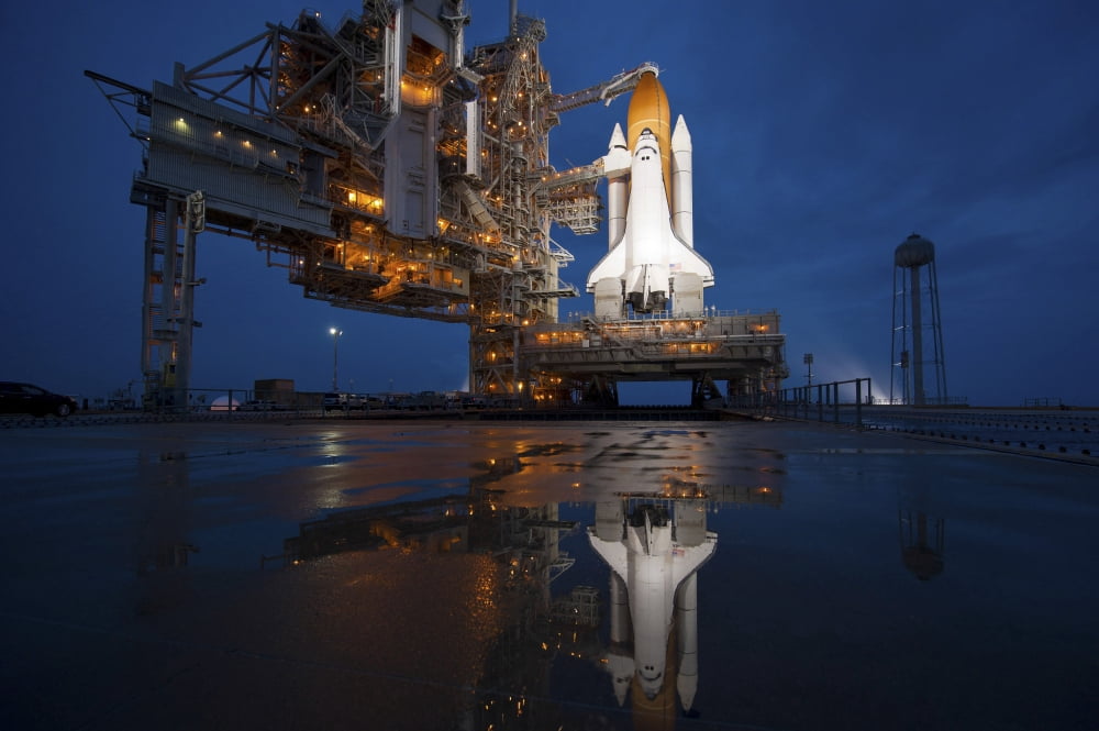 Night view of space shuttle Atlantis on the launch pad at Kennedy Space Center Florida Canvas Art - Stocktrek Images (35 x 23)