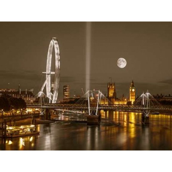 Night view of the London Eye, Golden Jubilee bridge and Westminster, London, UK Poster Print by Assaf Frank (11 x 14)