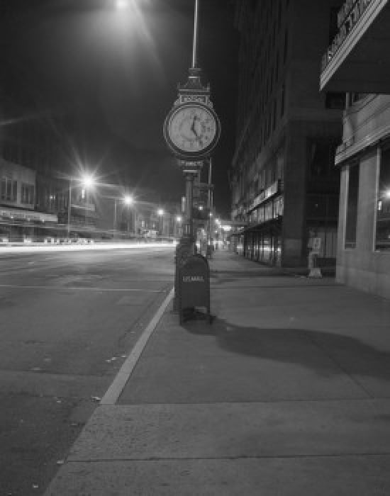 Night view with street clock and mailbox Canvas Art - (18 x 24)
