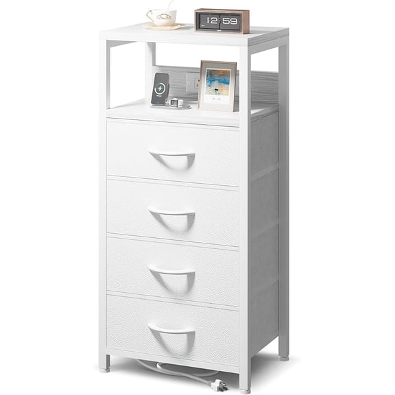 NightStand Bedside Charging Table Bedroom - Brown Night Stand with Charger Station, Modern Bed Side End Table with Open Shelf & 2 Fabric Drawers, USB-C USB Ports & AC Outlets for Dorm, Living Room