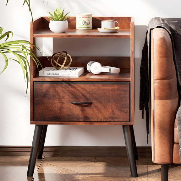 NightStand with Open Shelf,Night Stand with Drawer Storage Side Table End Table,Bedside Table with Solid Wood Feet,Mid Century Night Stands for Bedroom Sofa Couch Small Spaces(Brown)