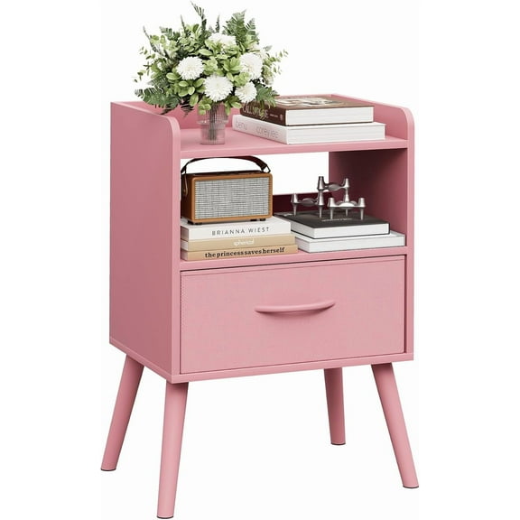NightStand with Open Shelf,Night Stand with Drawer Storage Side Tables End Table,Bedside Table with Solid Wood Feet,Mid Century Night Stands for Bedroom Sofa Couch Small Spaces (Pink)