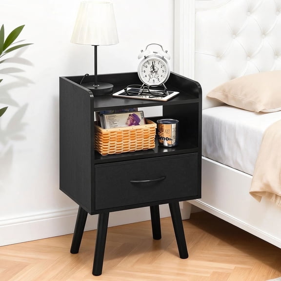 Modern NightStand with Fabric Drawer, Mid Century Bedside Table with Open Shelf, Wood End Side Table for Bedroom Living Room, Black